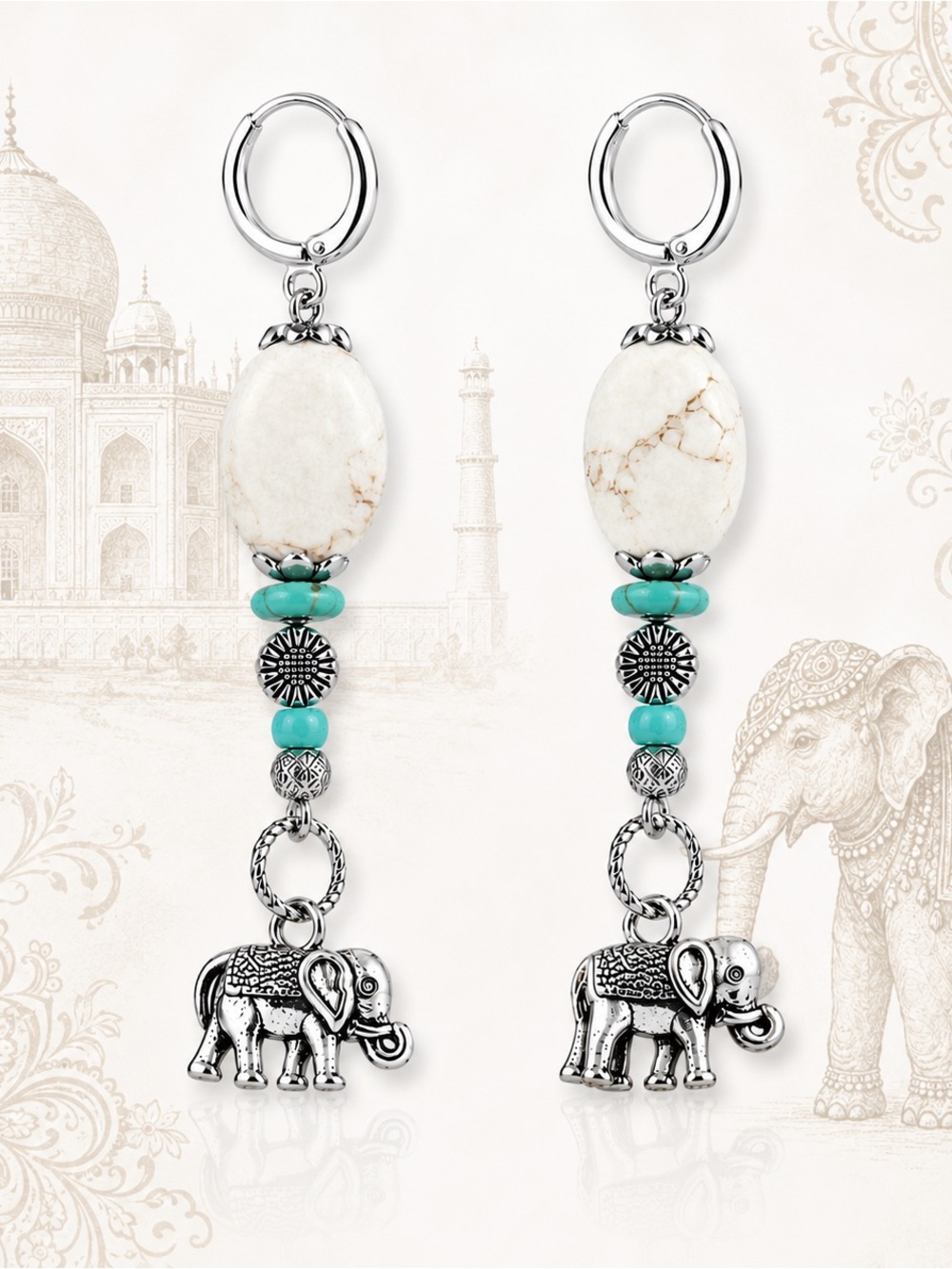 Silver Elephant Earrings, White Marbled Beads, Turquoise Boho Dangles